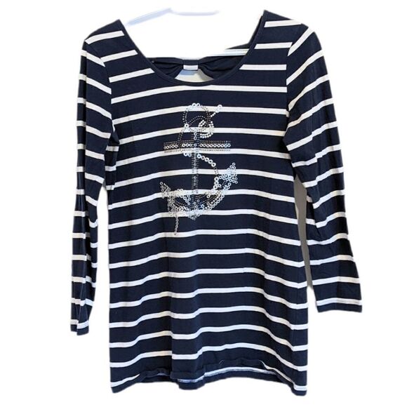 Marble navy marine striped shirt rhinestone sequin anchor decor Small @V - Picture 1 of 8